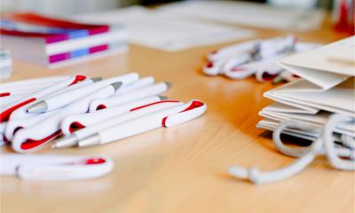 Ballpoint pens as merchandising to promote a company