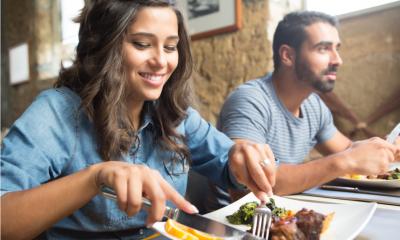 Couple having lunch at rustic gourmet restaurant