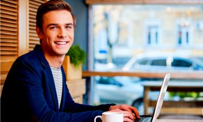 Starting an online business A happy entrepreneur starts his online business