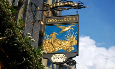 Pub sign with a blue sky backdrop