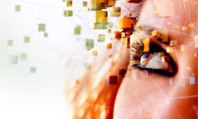 Close up of a woman's face with data packages floating in front of her face