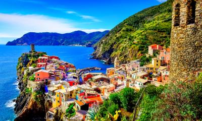 Multicoloured buildings on top of a headland on a sunny coastline