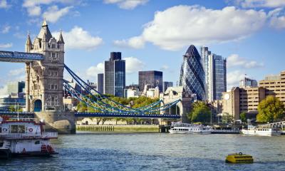 A sunny view of London’s main business district from the other side of Tower Bridge.