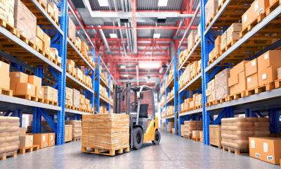 A forklift truck is loaded with a pallet of goods ready for dispatch