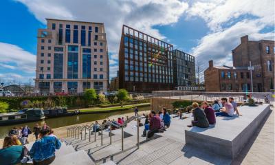 Granary Square riverside park outside Central Saint Martins university